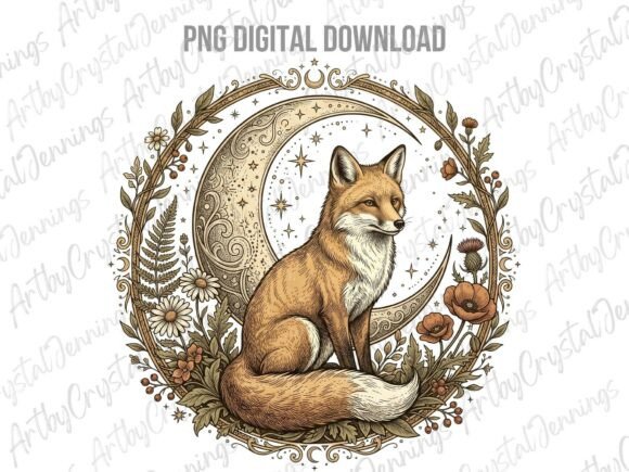 Download Vintage Floral Celestial Fox Moon PNG - Vintage Collection